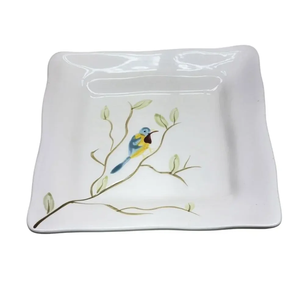 Pier 1 ROBIN Earthenware 8.25in Square Scalloped Edge Plate Bird Twig Lot of 2